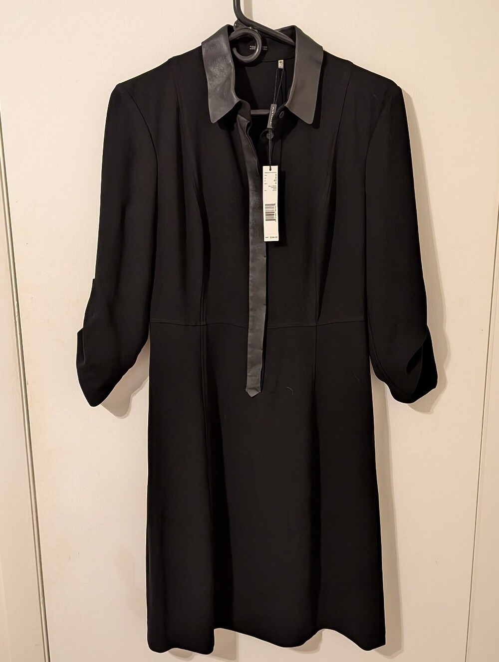 Elie Tahari Bella Dress Black NWT Faux Leather Collar Long Sleeve Designer